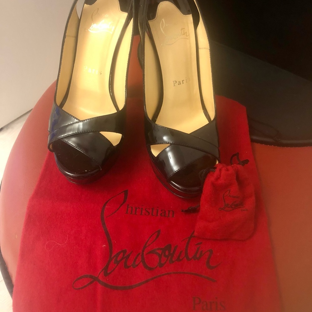 Christian Louboutin Black Patent Leather Slingback Peep-Toe Heels with Red Sole